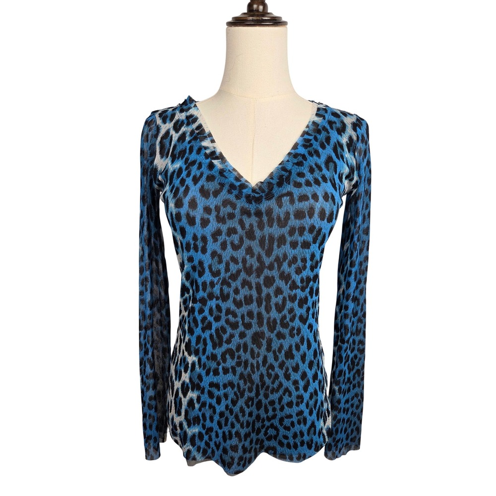 Fuzzi Leopard Print Mesh Top Sz M Blue Long Sleeve V-Neck Italian Tulle Mob Wife